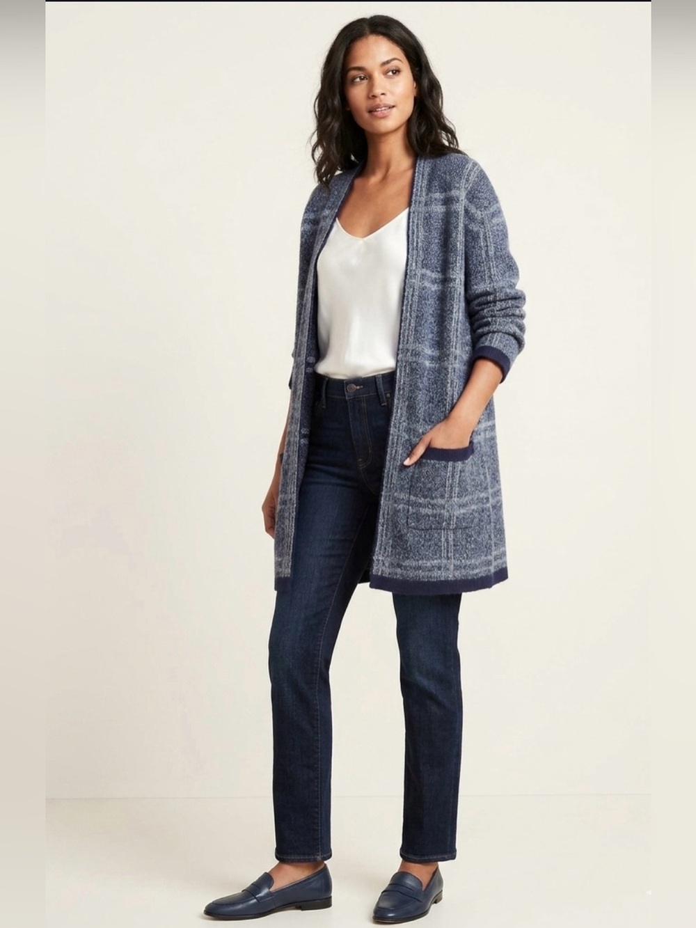 Banana Republic Plaid Open-Front Cardigan/Sweater Coat Navy Blue and Gray